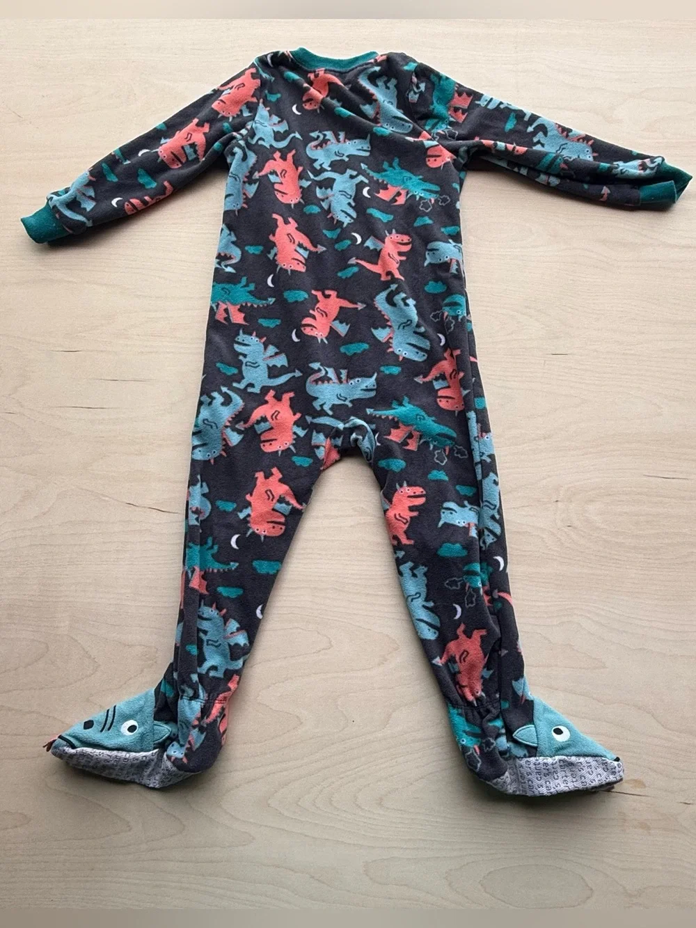 Carter's Dark Gray Fleece Footie Pajamas Orange and Blue Dragon Pattern size 3T